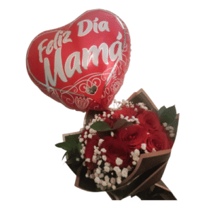 Ramo de 10 rosas + gypo + globo Feliz dia Mamá