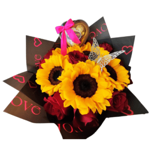 Ramo de 5 Rosas + 4 Girasoles + Valente + Mariposa