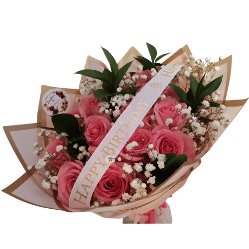 Ramo de 15 Rosas Rosadas + Gypso + cinta Happy Birthday