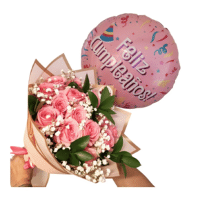 Ramo de 15 Rosas Rosadas + Gypso + Globo Feliz Cumpleaños