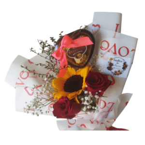 Ramo de Un Girasol + 2 Rosas Rojas + Valentte