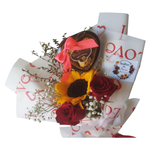 Ramo de Un Girasol + 2 Rosas Rojas + Valentte